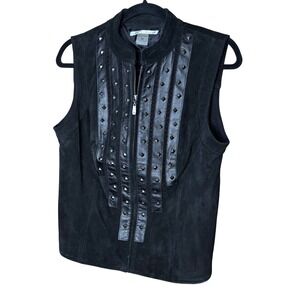 Peter Nygard Vest Women Sz MP Genuine‎ Suede Leather Black Studded Moto Biker